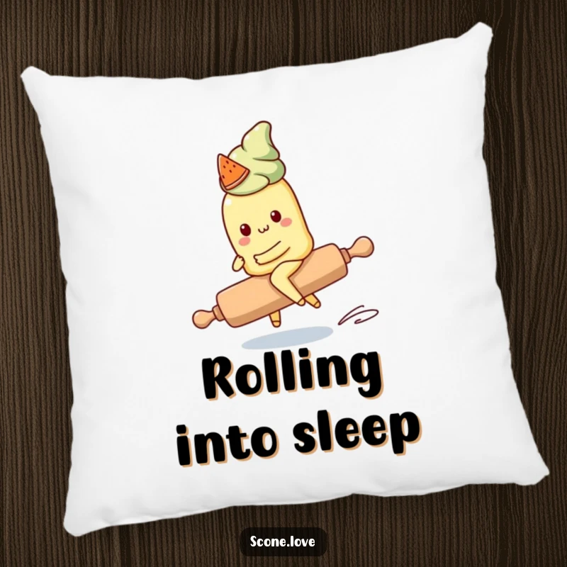 Funny Kawaii Scone Pillow: A cute scone character attempts to ride a runaway rolling pin, offering humorous comfort and charm.