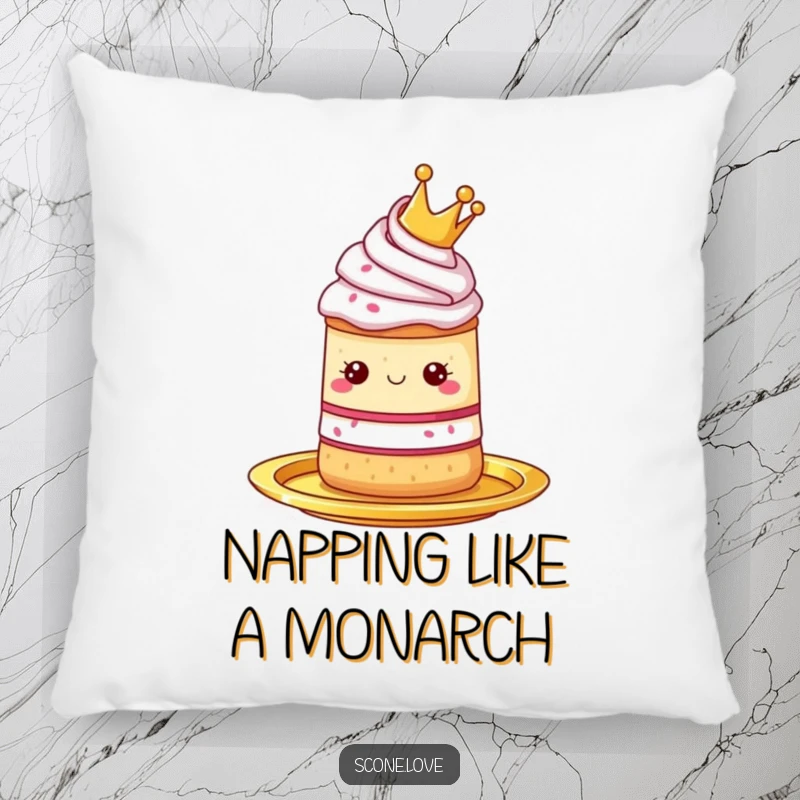 Funny pillow with a scone wearing a tiny crown, presented on a golden platter, offering cute and cozy decor.