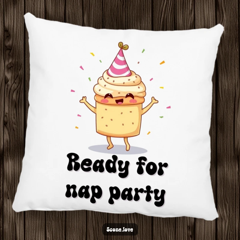 Soft pillow featuring a funny scone in a party hat, dancing joyfully with confetti, adding humor to any room.