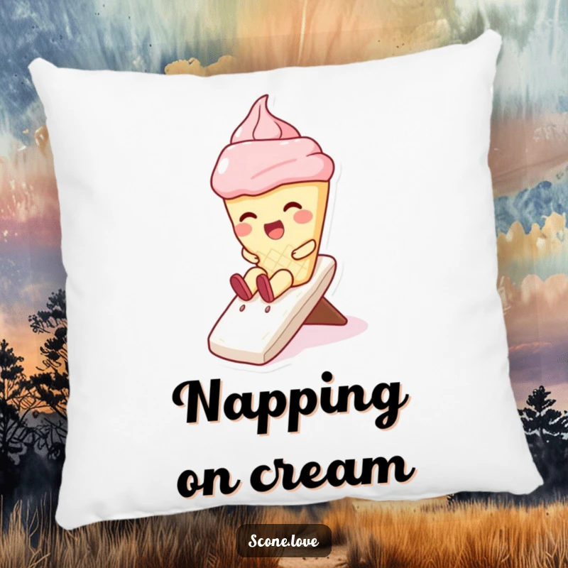 Funny pillow featuring a laughing kawaii scone character descending a swirl of whipped cream, offering plush comfort and baked goods humor.