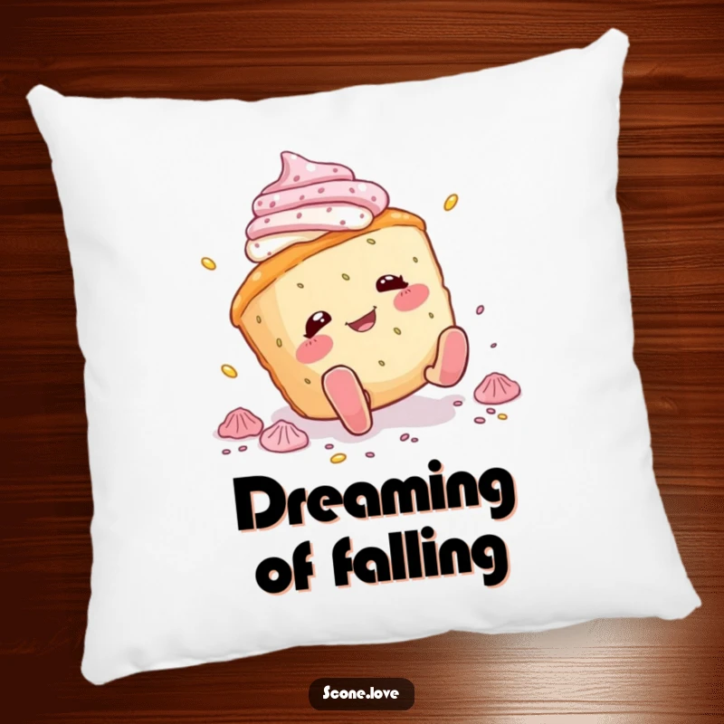 Funny scone pillow featuring a scone character comically tripping and scattering icing, designed for comfort and a humorous, relatable touch.