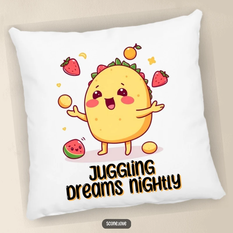 Funny taco pillow featuring a playful taco juggling fruits, great for sofas and adding a festive touch.