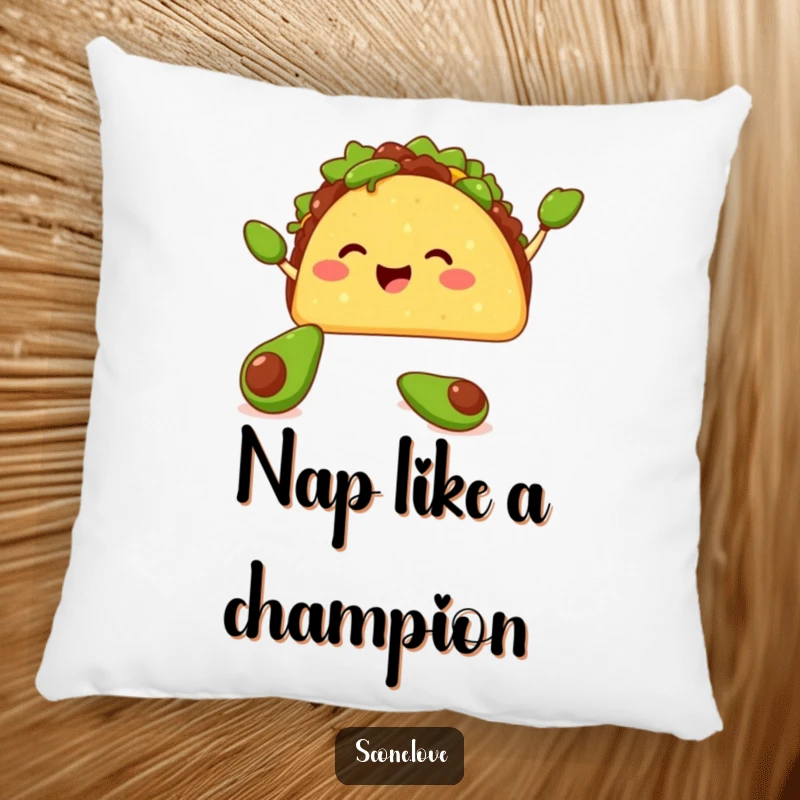 Funny pillow with a happy taco juggling tiny avocados with its shell, providing soft comfort and a festive dose of humor.