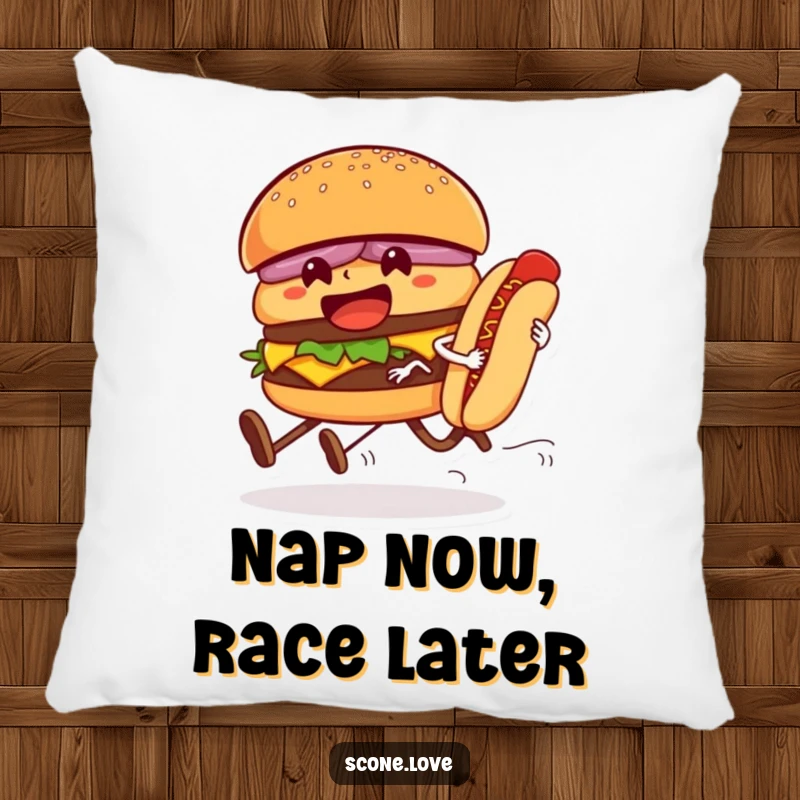 Funny pillow with a vibrant illustration of a hamburger and hot dog competing in a race, designed for comfort and comedic appeal.