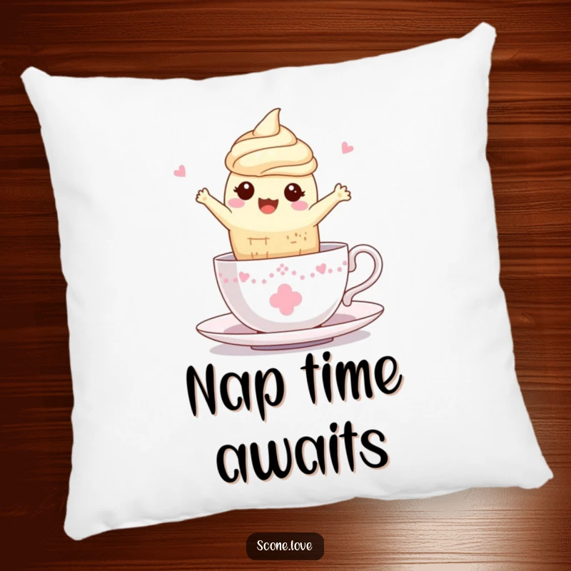 Funny Kawaii Scone Teacup Pillow: A scone leaps with pure joy into a teacup, a comforting addition.