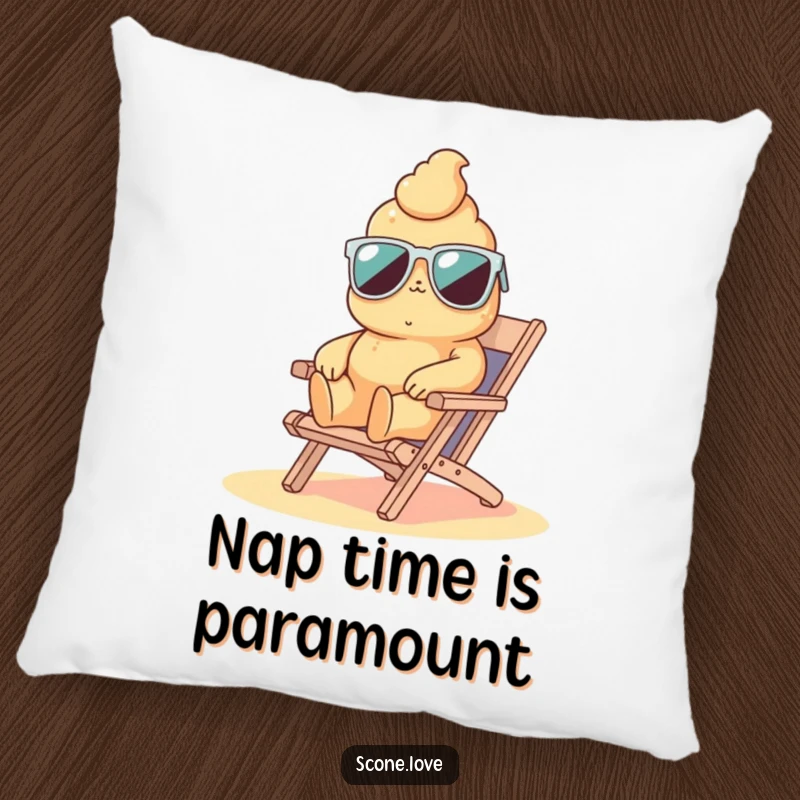 Funny scone wearing sunglasses on a beach chair, a humorous and cozy pillow perfect for lounging.
