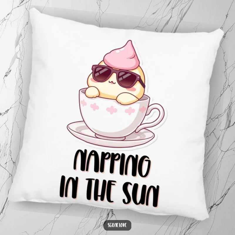 Funny pillow displaying a scone in sunglasses lounging in a teacup, adding a cool and humorous touch.