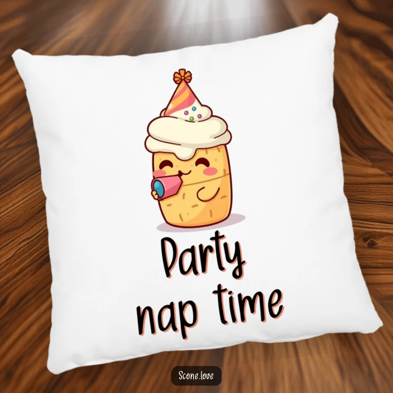 Funny pillow featuring a kawaii scone character wearing a party hat and blowing a noisemaker, providing plush comfort and a dose of baked goods festivity.