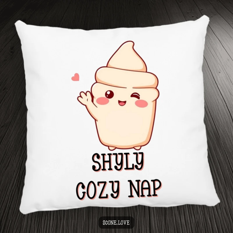 Funny pillow with a shy scone character blushing and waving, perfect for cozy comfort and sweet dreams.