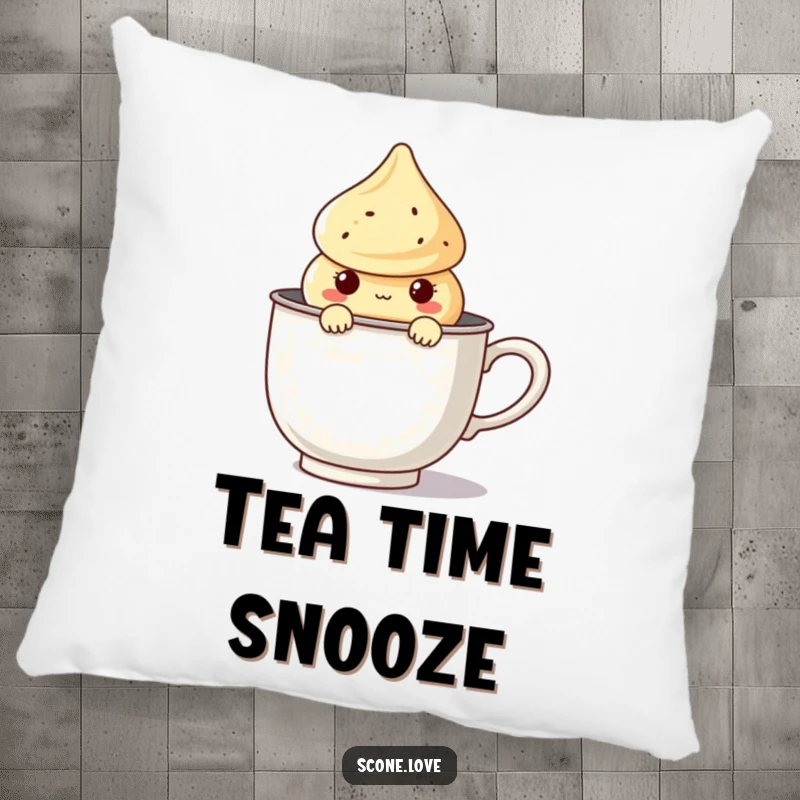 Funny Kawaii Scone Pillow with a cute scone character peeking from a giant tea infuser, providing comfort and whimsical humor.