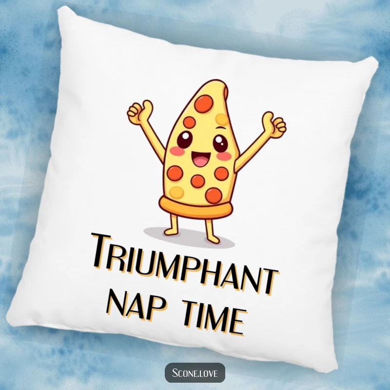 Funny pizza pillow featuring a cheesy slice in a triumphant pose, great for sofas and adding cheesy comfort.