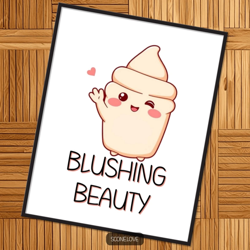 Funny digital art print of a shy scone blushing and waving, capturing sweet and gentle emotion.