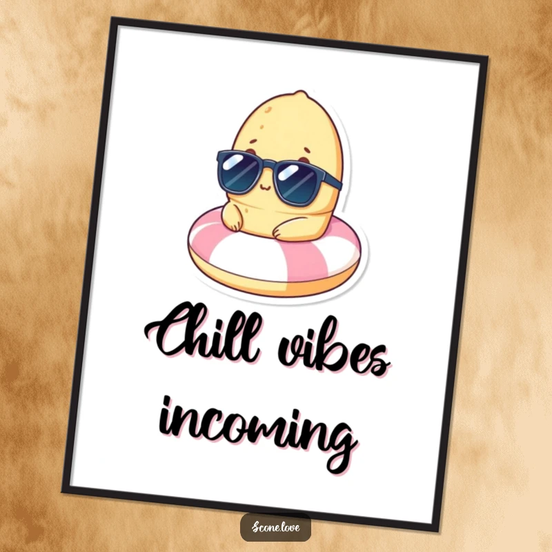 High-resolution digital art print of a funny scone wearing sunglasses, relaxing on a tiny beach float.