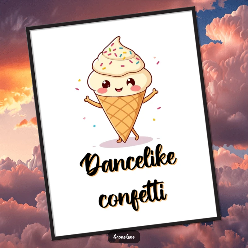 Funny Kawaii Scone Digital Art Print: An adorable scone with tiny legs dancing joyfully, surrounded by festive sprinkles.