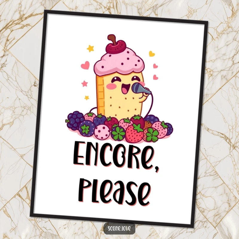 Funny scone singing with a microphone to a crowd of berries, a humorous music-themed digital art print.