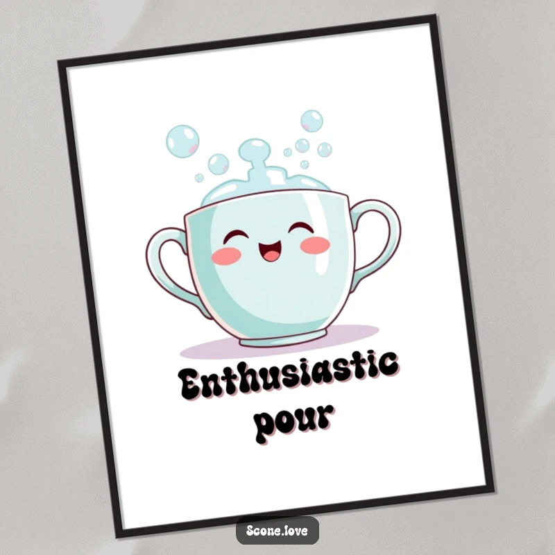 Funny teacup bubble digital art print of a smiling teacup enthusiastically pouring out bubbles, ready for instant download and display.