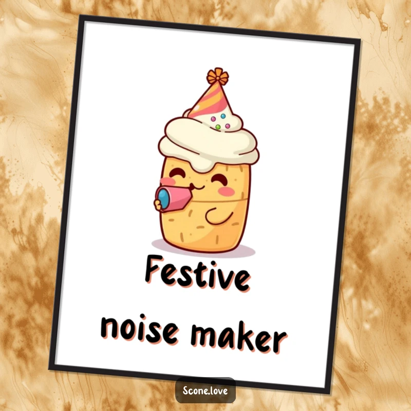Funny digital art print of a kawaii scone character in a party hat blowing a noisemaker, whimsical baking illustration, instant festive decor.