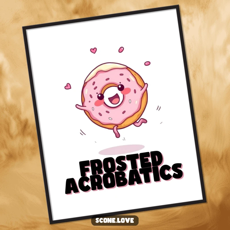 Funny digital art print features a cheerful donut performing a cartwheel with frosting flying, a humorous and dynamic piece for digital display.