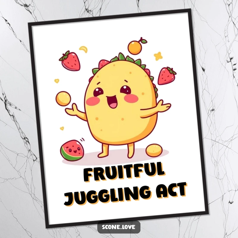 Funny taco digital art print featuring a playful taco juggling fruits, perfect for instant wall decor and gifts.