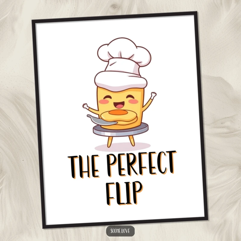 Funny digital art print of a scone in a chef hat joyfully flipping a miniature pancake, whimsical and cheerful.