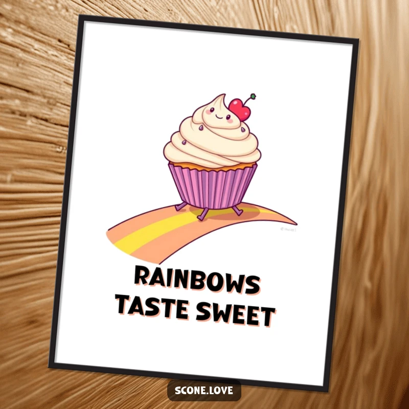 Funny digital art print of a cheerful cupcake with small legs joyfully sliding down a rainbow path, for instant wall decor.