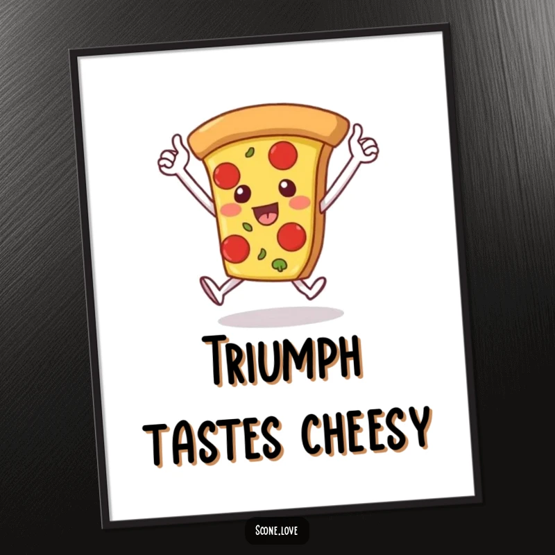 Funny digital art print depicts a pizza slice with arms raised, running a victory lap, a humorous and triumphant piece for digital display.