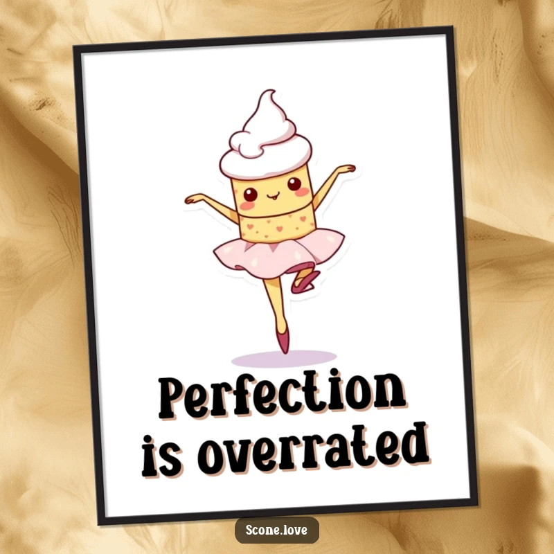 Funny kawaii scone character wobbling while attempting a ballet pirouette, a charming digital art print.