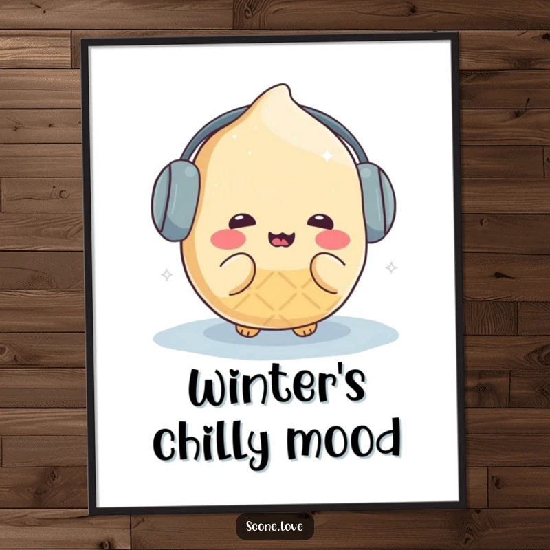 Funny kawaii scone character wearing earmuffs and shivering humorously in a cold setting, available as a digital art print.
