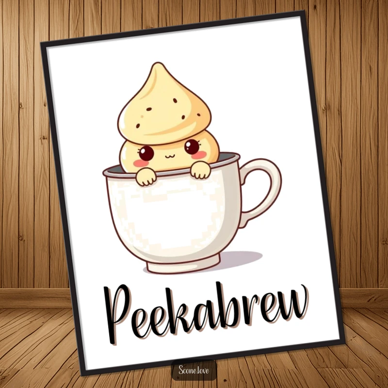 Funny Kawaii Scone Digital Art Print of a cute scone character peeking from a giant tea infuser, ready for instant download.