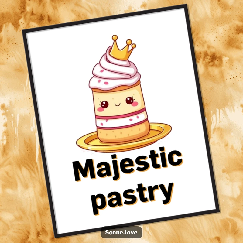 Funny digital art print of a scone wearing a tiny crown, presented on a golden platter, elegant and amusing.