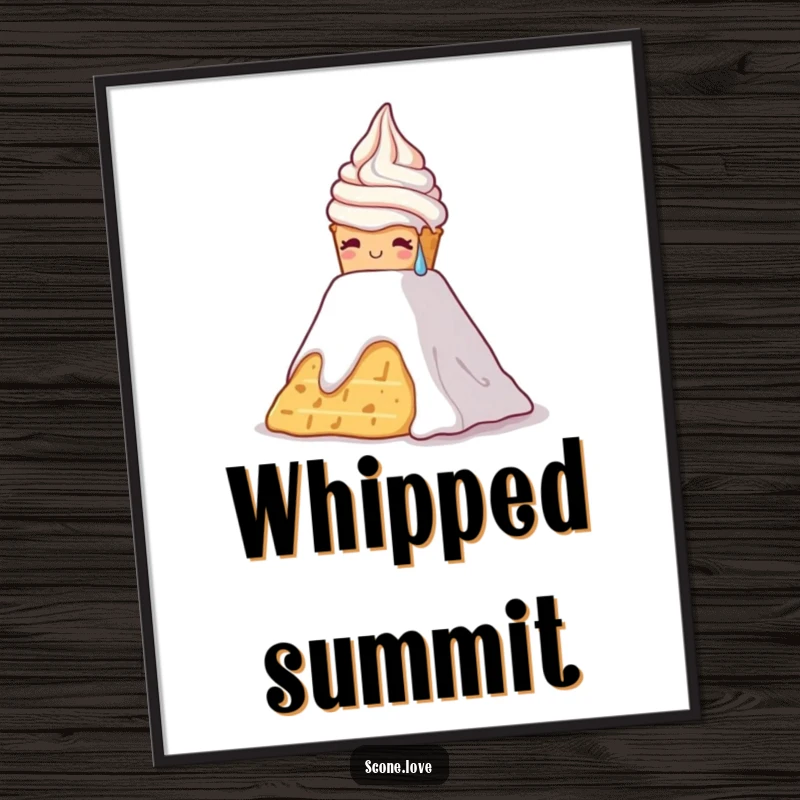 Funny digital art print of a scone sweating as it climbs a whipped cream mountain, ready to be printed.