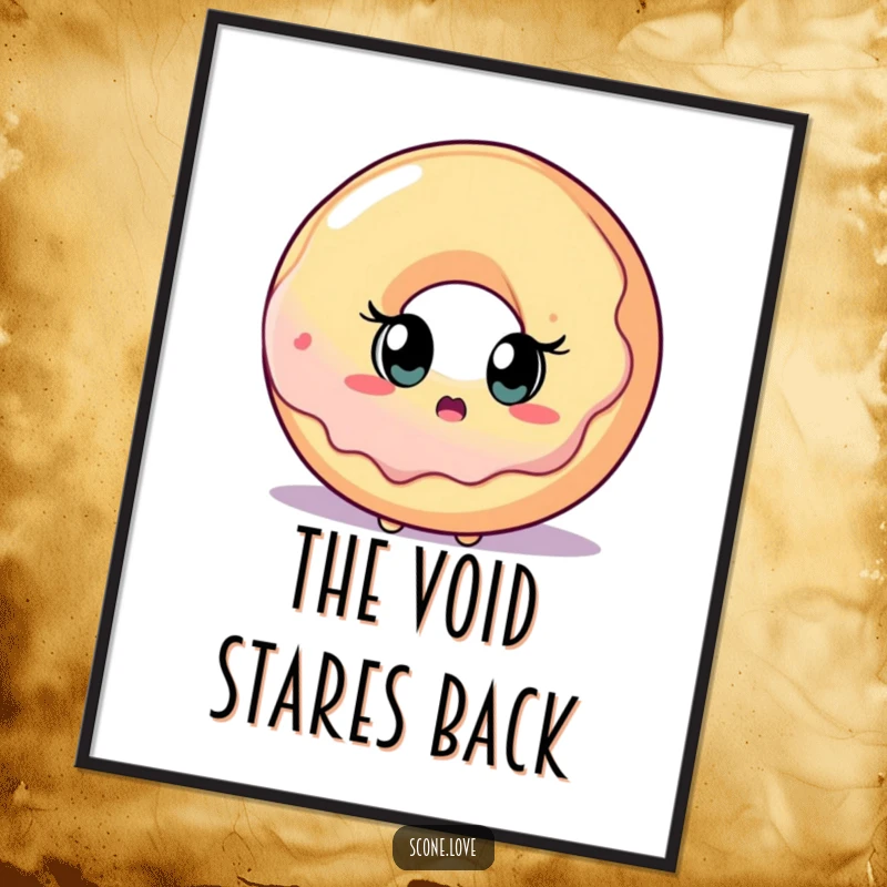 High-resolution digital art of a funny scone character with wide, surprised eyes staring at a giant donut.