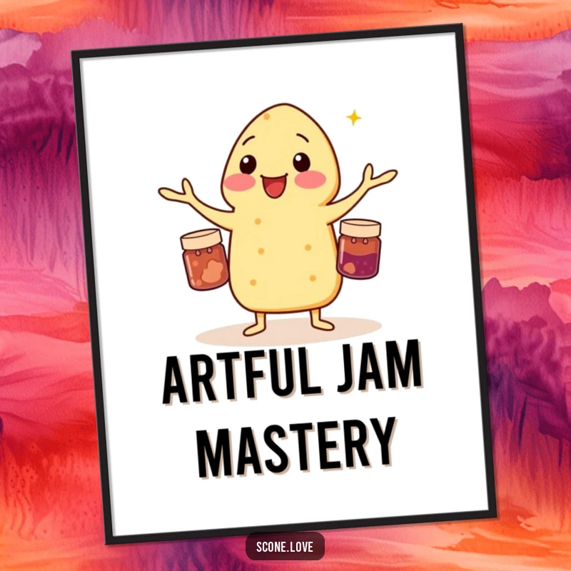 Funny digital art print of a scone juggling three tiny jam jars, ready to be printed and framed.