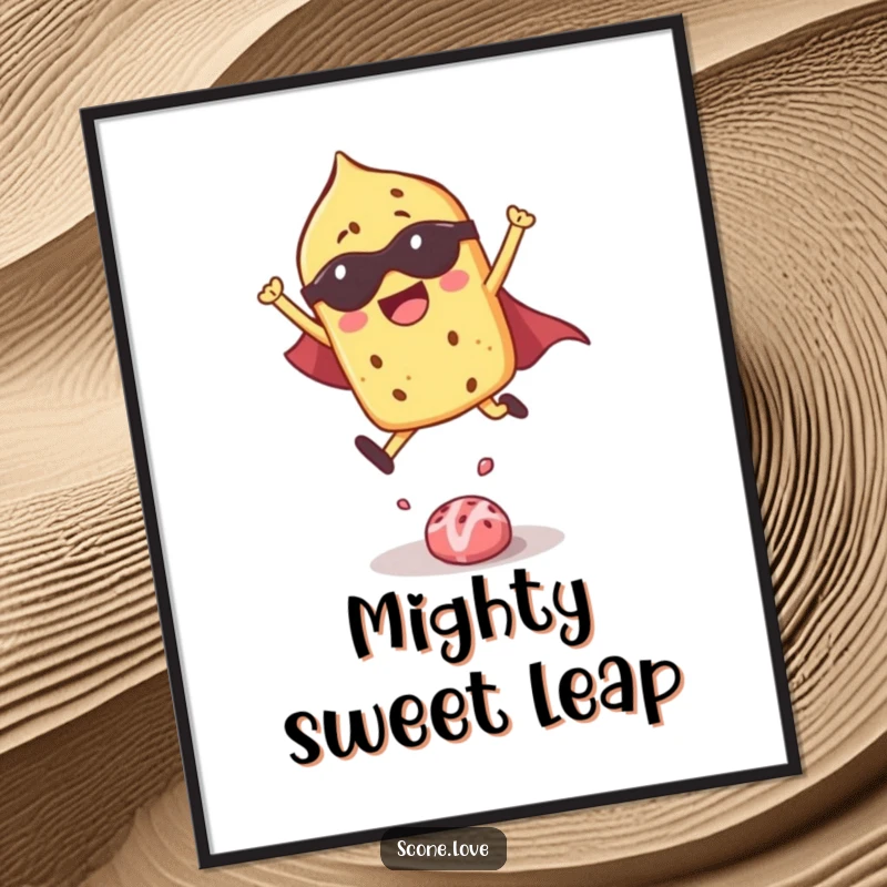Funny digital art print of a superhero scone leaping joyfully, capturing dynamic action and pure fun.