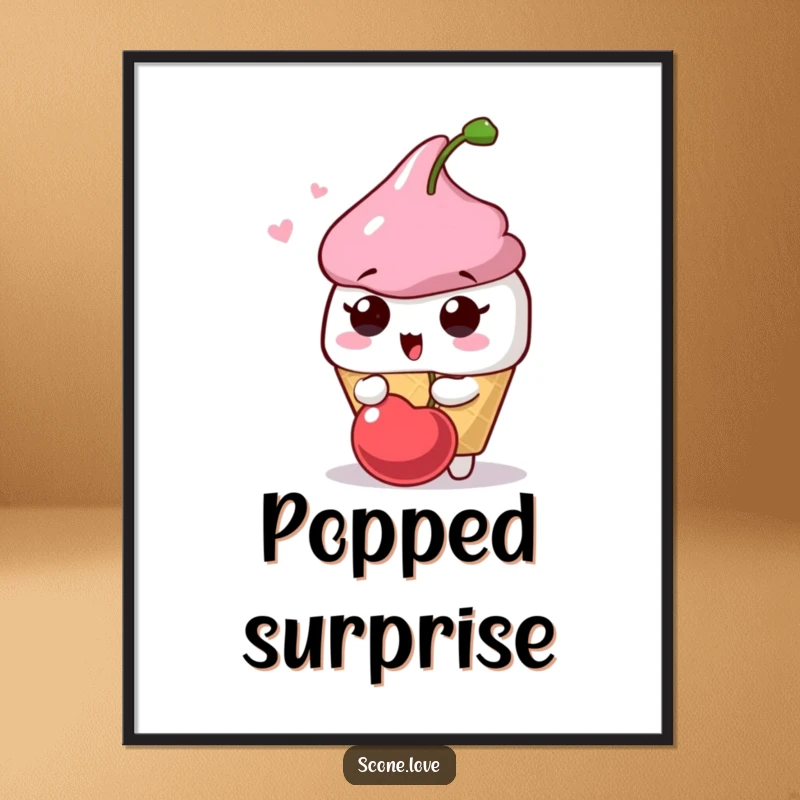Funny Scone Surprise Digital Art: A scone character looks surprised as a cherry pops playfully, bringing instant humorous charm to any room.