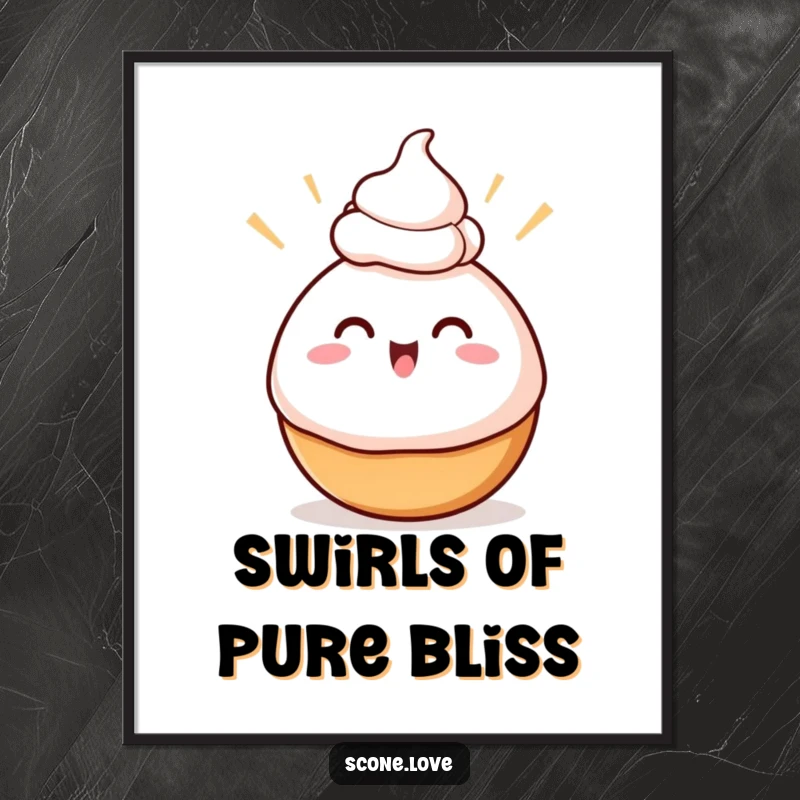 Funny Swirly Baked Good Digital Art Print, excited swirls balancing cream on its head, ready to add instant sweetness and charm.