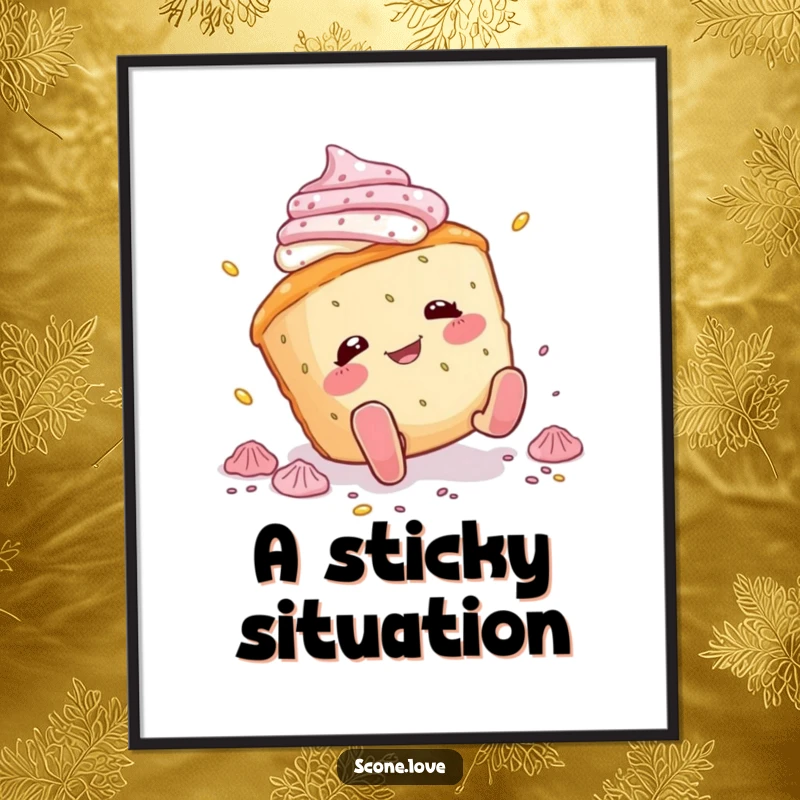 Funny scone digital art print of a scone character comically tripping and scattering icing, offering immediate humorous decor for any digital display.