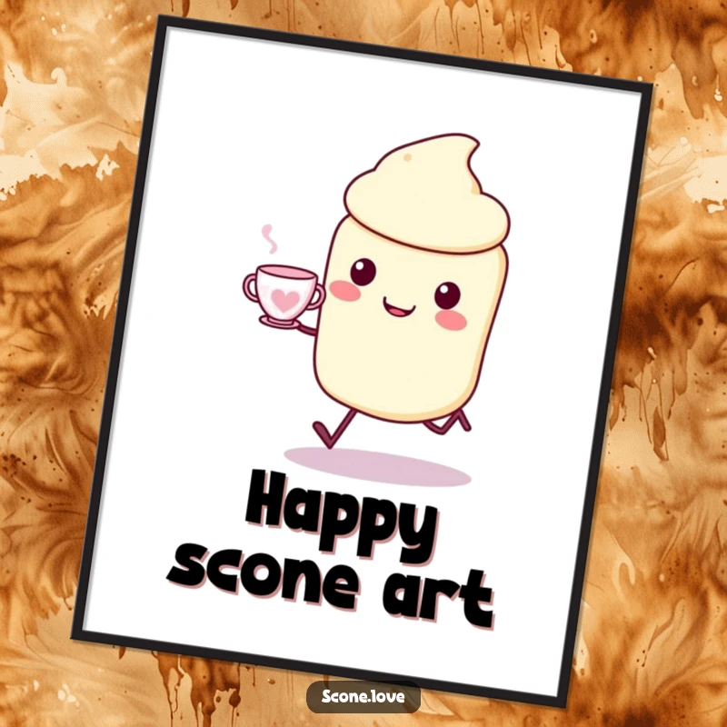 Funny Kawaii Scone Digital Art Print: a happy scone skips with a teacup, perfect for funny wall art.