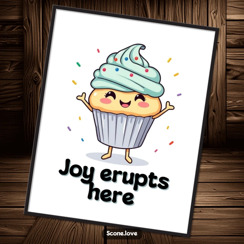 Funny digital art print features a smiling cupcake dancing with a cascade of sprinkles, a humorous and vibrant piece for digital display.