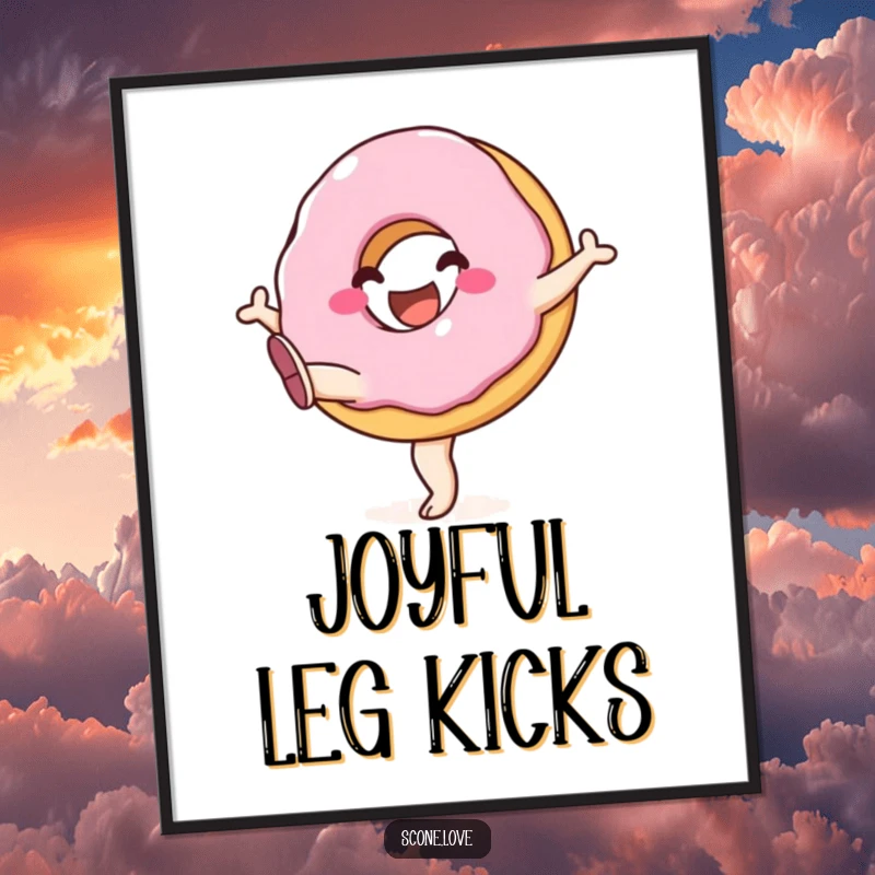 Funny digital art print of a happy donut gleefully kicking its legs high in the air, symbolizing pure joy and energetic celebration.
