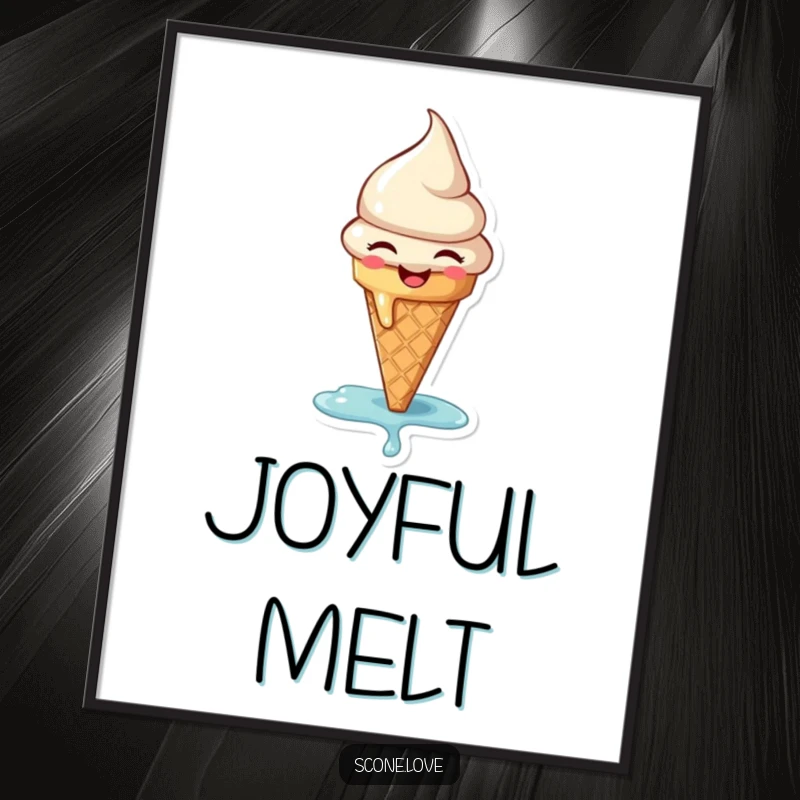Funny digital art print of a happy, melting ice cream cone, perfect for instant download and adding sweet, joyful decor.