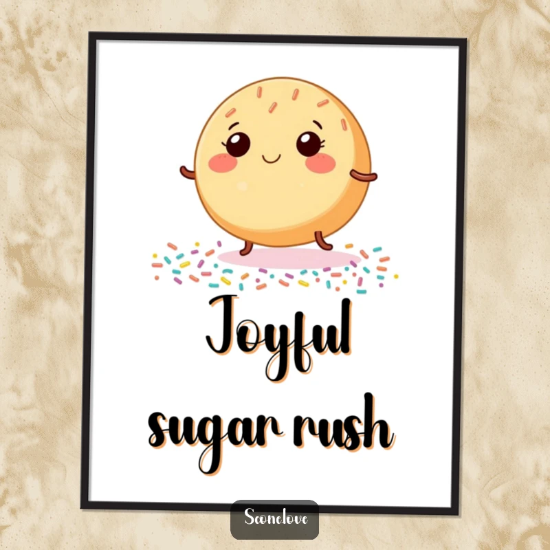 Funny Donut Digital Art Print, a smiling baked good dancing with tiny legs on sprinkles, ready to add instant cheer and fun.