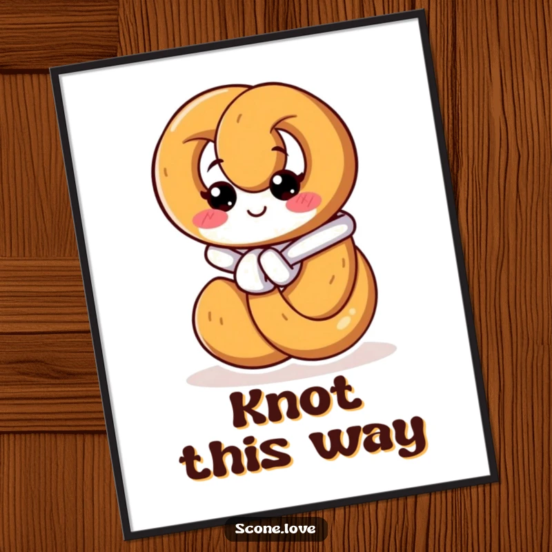 Funny digital art print of a determined pretzel tying its own knot, ideal for instant download and adding humorous decor.