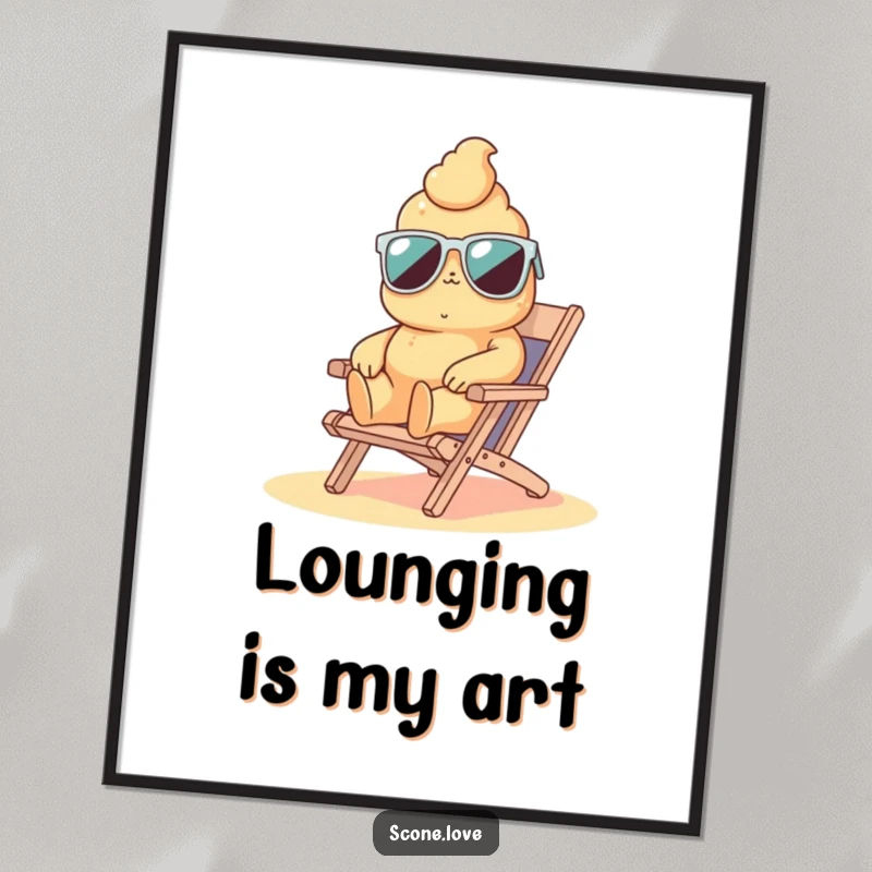 Funny scone wearing sunglasses on a tiny beach chair, a humorous digital art print for vibrant wall decor.