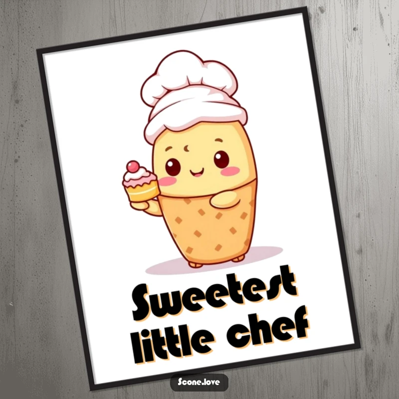 Funny Kawaii Scone Chef Art Print: A scone in a chef hat proudly presents a tiny cake, perfect for kitchens.