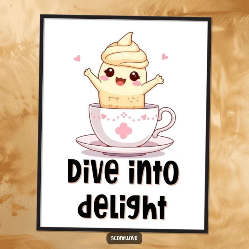 Funny Kawaii Scone Teacup Art Print: A scone joyfully leaps into a teacup, capturing a moment of pure happiness.