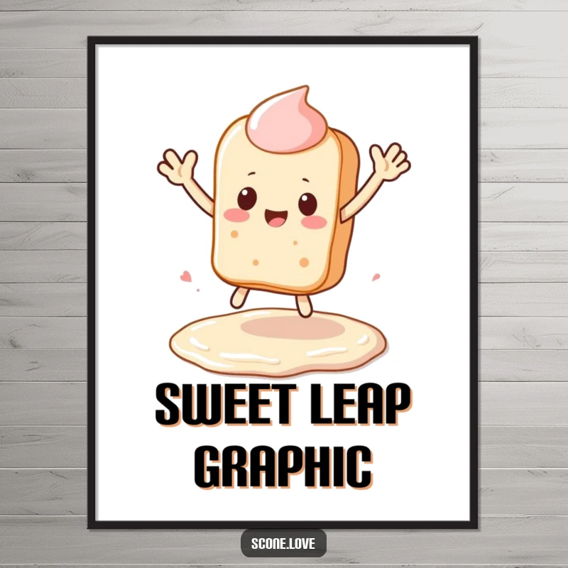 Funny Kawaii Scone Digital Art Print: a scone leaps over a frosting puddle, waving, perfect funny wall art.
