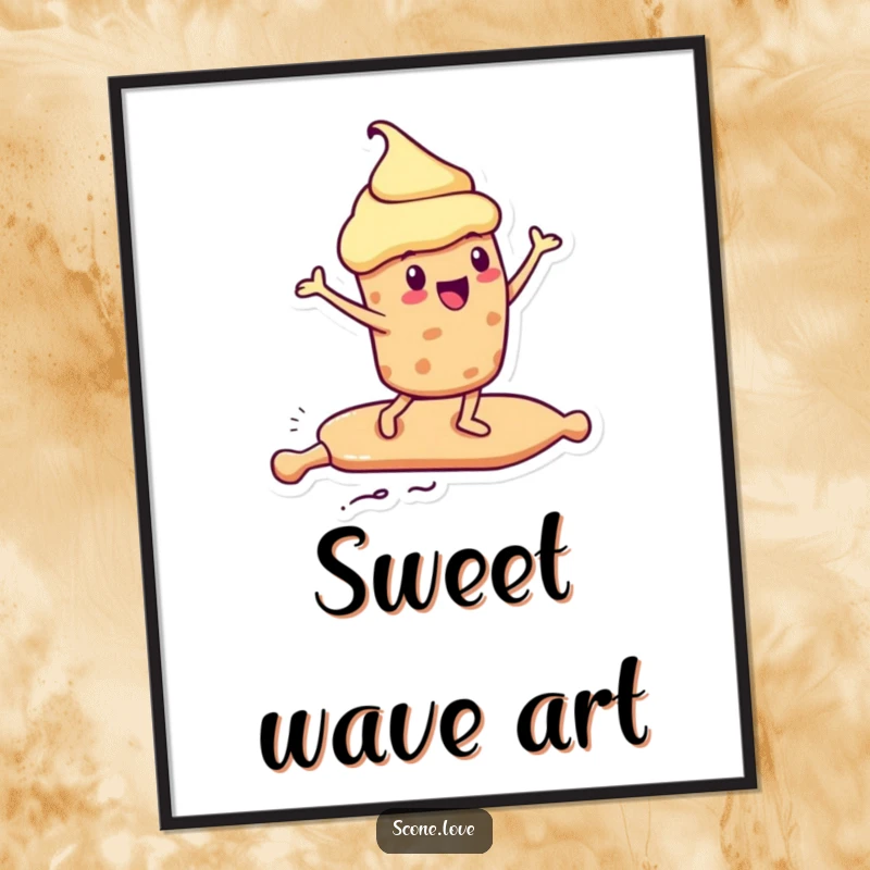 Funny Kawaii Scone Digital Art Print: a scone surfs on a rolling pin like a surfboard, perfect funny wall art.
