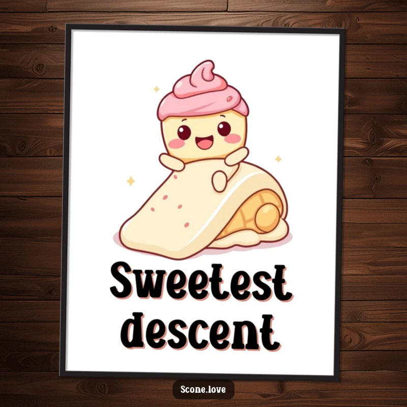 Funny Kawaii Scone with a wide smile, sliding down a frosting slide, creating humorous and cheerful wall art.