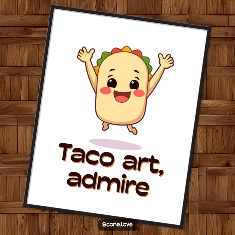 Funny Digital Art Print: A smiling taco leaping with arms up, bringing a festive vibe and a burst of joy to any room.